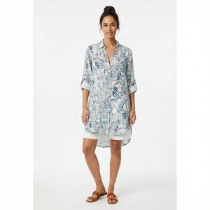 Tahari $68 100% Linen Tropical Bird Print Button-Front Tunic Top XL resortwear